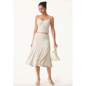 OGL Skirt Size XL NEW Flowy Side Ruched A-line Midi Skirt Fog Cream Eco-SkinKiss